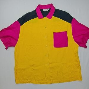 Vintage 80s California Krush Button Up Shirt Black Pink Yellow Retro Style